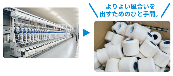 紡績会社から届いた糸を染めやすく巻き直す、今治タオルの丁寧な『製造工程』。
